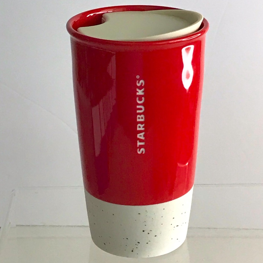 STARBUCKS Joyful Red Ceramic Travel Coffee Mug Tumbler - Stoneware - NWOT